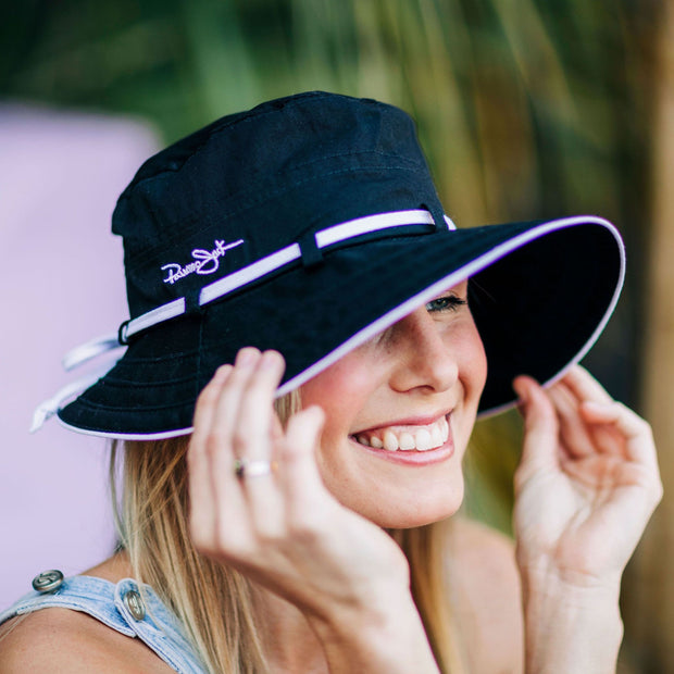 ZFLL Sun hat,Sun Hats for Women Summer Black Glue Bow Female Panama Hollow  Straw Hat UV Protection Big Brim Face Sunscreen Sun Bucket-Hats M56-58cm